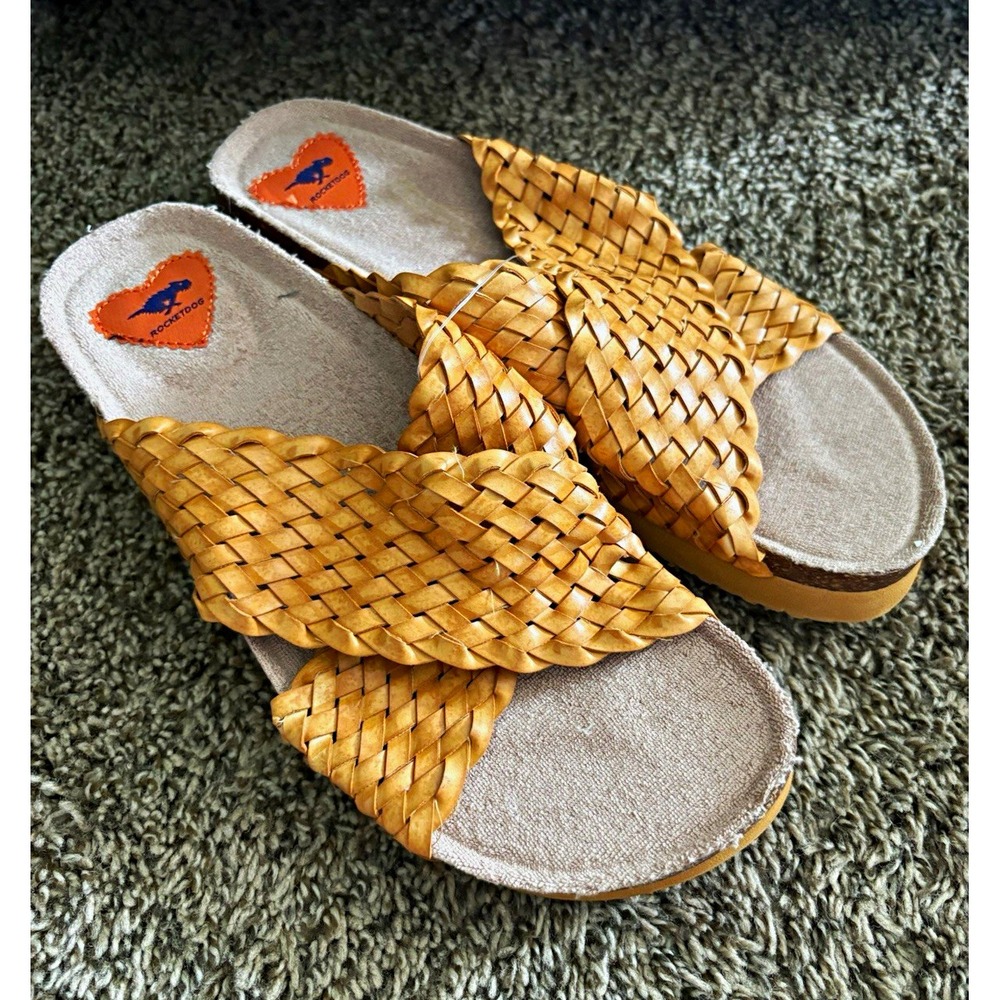 Rocket Dog Women's 10 Tan/Beige Leather Woven Strap Slide Sandals EU 41